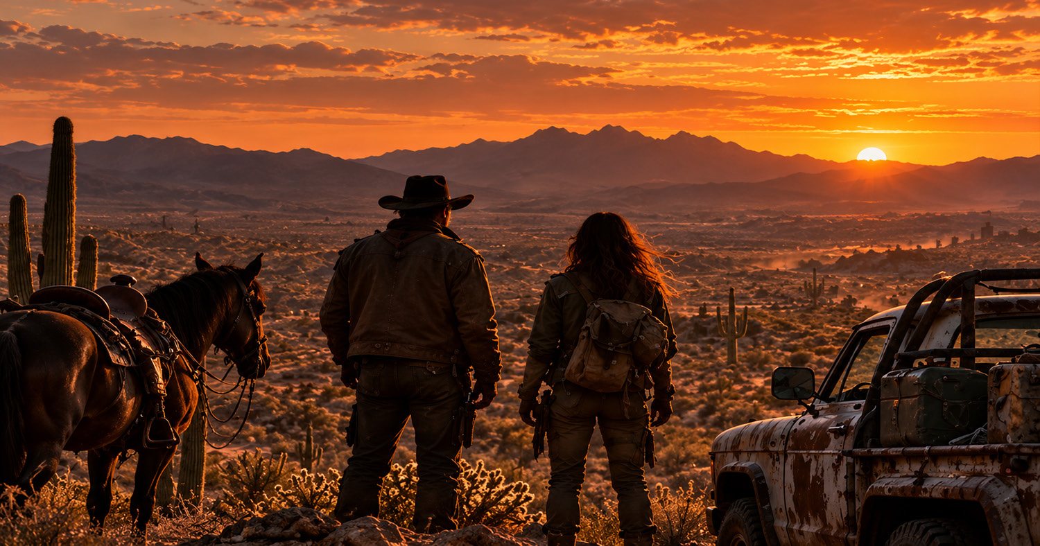 Jonah and Maura look out over the desert beside their horse.