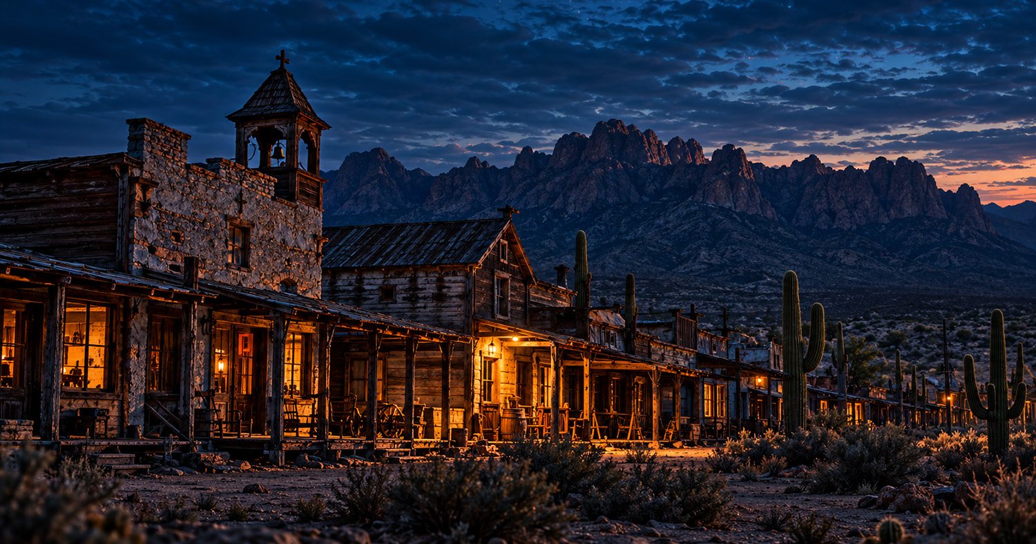 Old storefronts and a bell tower lit at dusk below desert mountains.