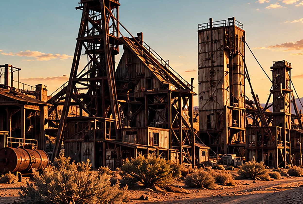 Old mining headframes and rusted machinery in the desert.