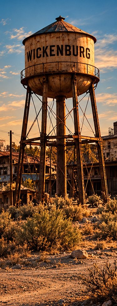 A rusted water tower marked Wickenburg stands over the desert scrub.