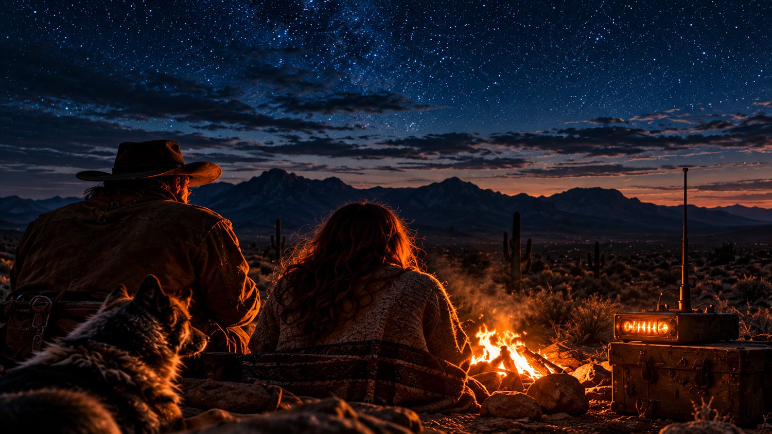 Two figures by a campfire under a night sky full of stars.