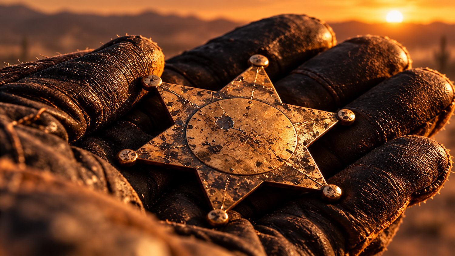 A weathered hand holds a tarnished sheriff's star.