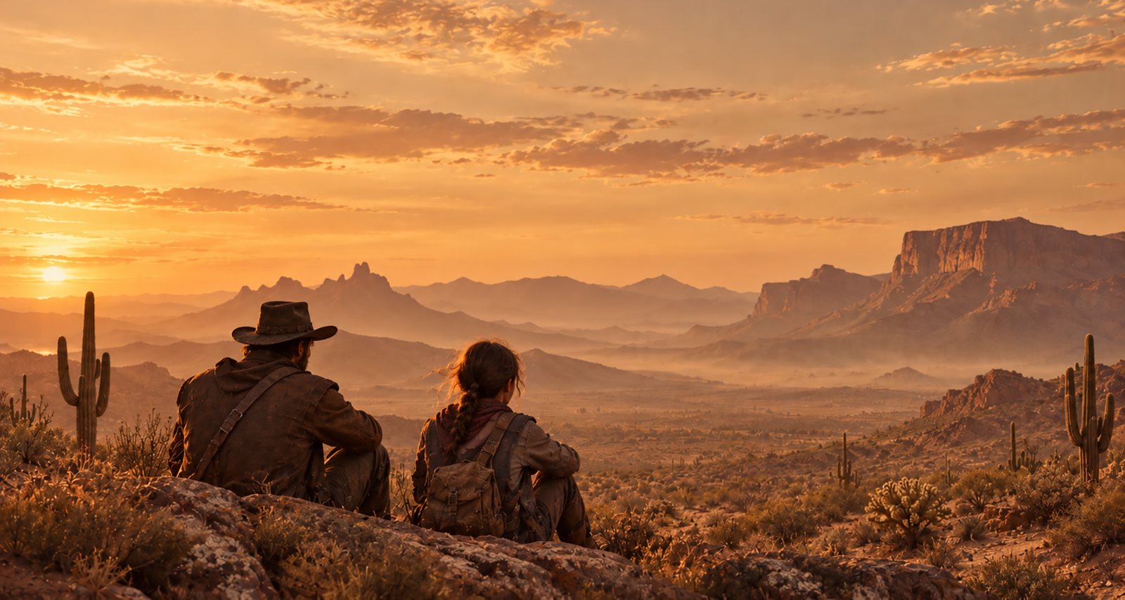 Two riders rest on a ridge above the desert at sunset.