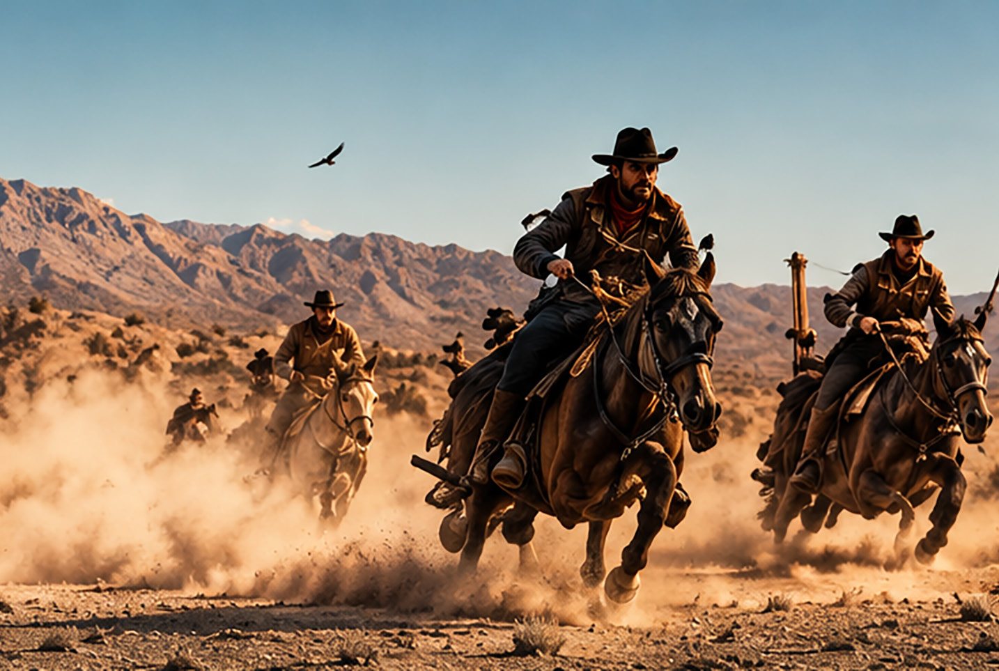 Riders on horseback kicking up dust across the desert.