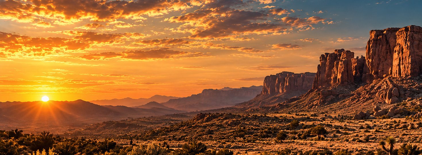 The sun setting behind red rock mesas under an open Arizona sky.