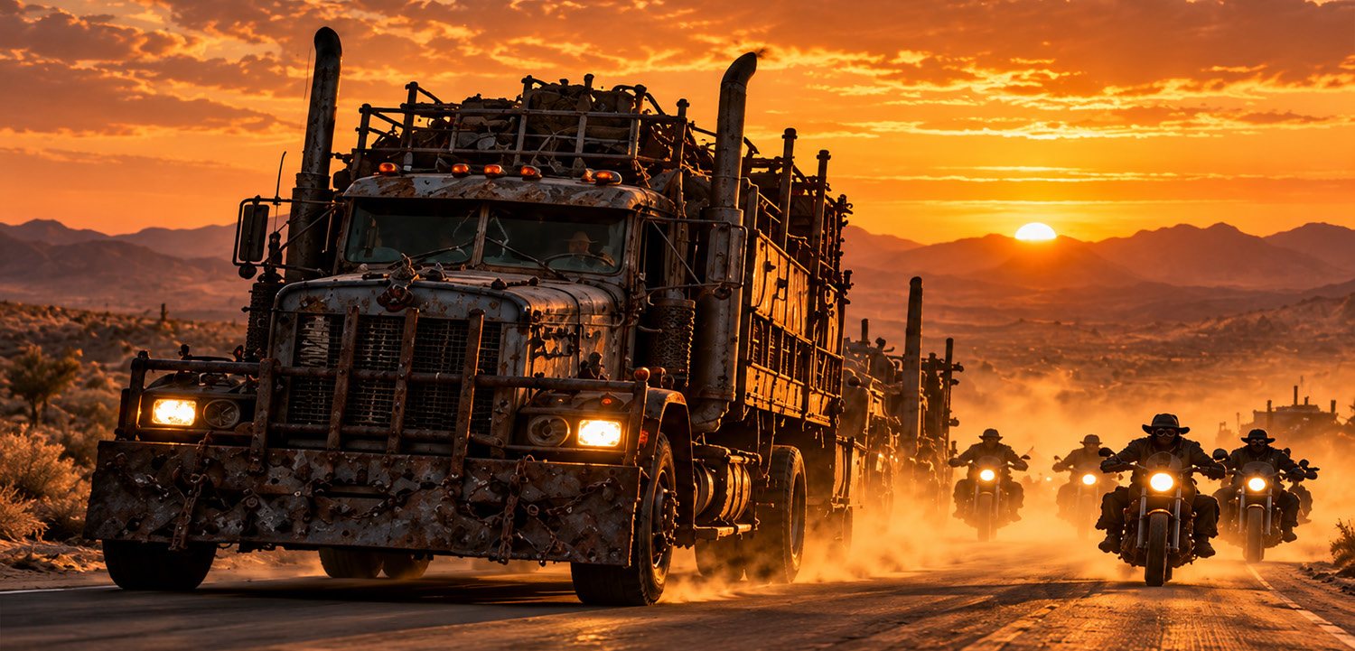 A rusted truck tears down a desert road, chased by motorcycles.