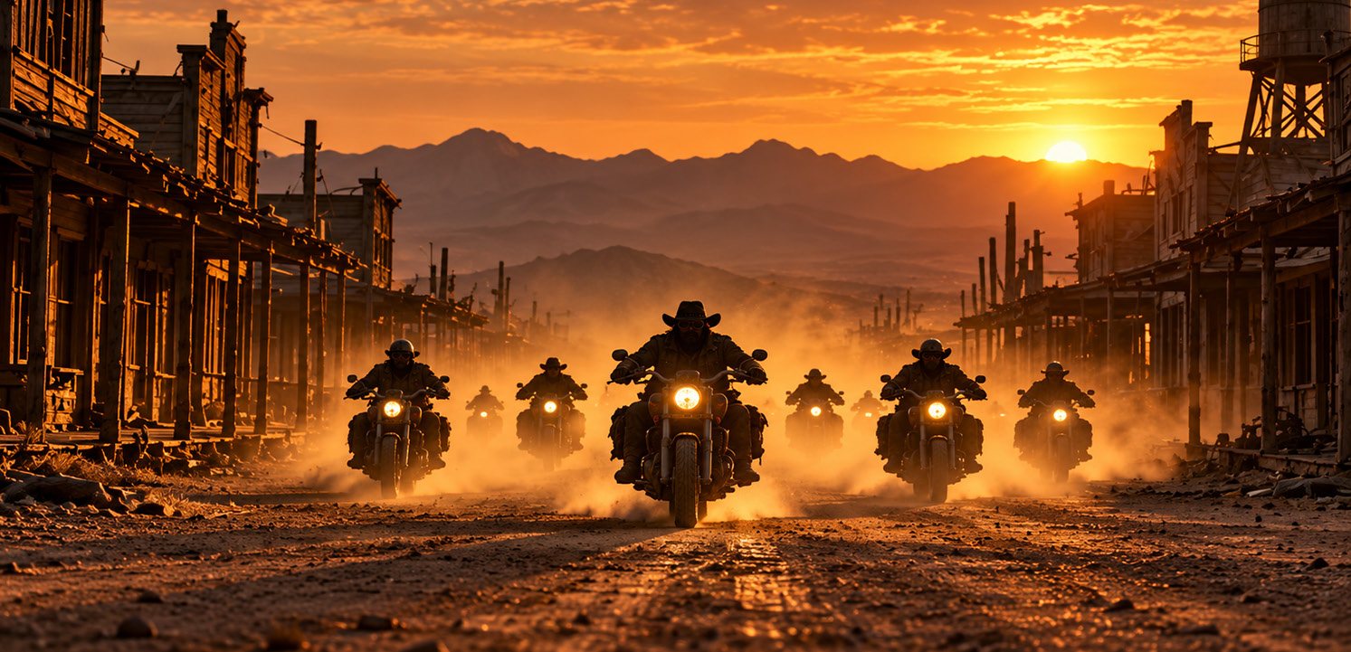 A motorcycle gang rides down a dusty main street at sunset.